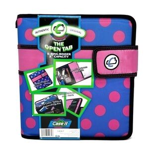 Case-It “The Open Tab” 2” Three Ring Binder Blue with Pink Polka Dots New NWT
